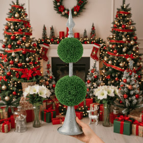 Two-Tier Artificial Plant D7x26.5" Natural Boxwood Sphere Topiary on Metal Spire Circle Ball Home Office Desk Decor FBA shipment