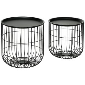 HOMCOM Coffee Table Set, Nest of Coffee Tables with Steel Wired Basket Body and Removable Top for Living Room, Black