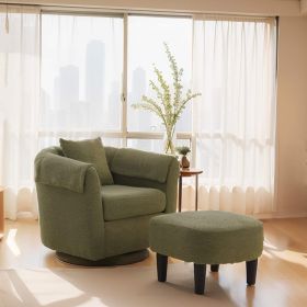 Swivel Accent Chair with Ottoman Set, Modern Chenille Barrel Armchair with Removable Back Pillow & 2 Armrest Covers for Living Room, Bedroom, Off